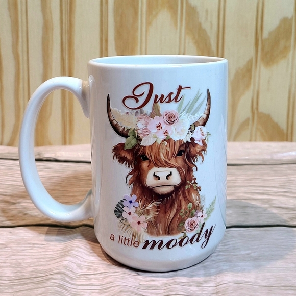Floral Highland Cow Mug Just A Little Moody - White 15 ounce - Picture 7 of 8